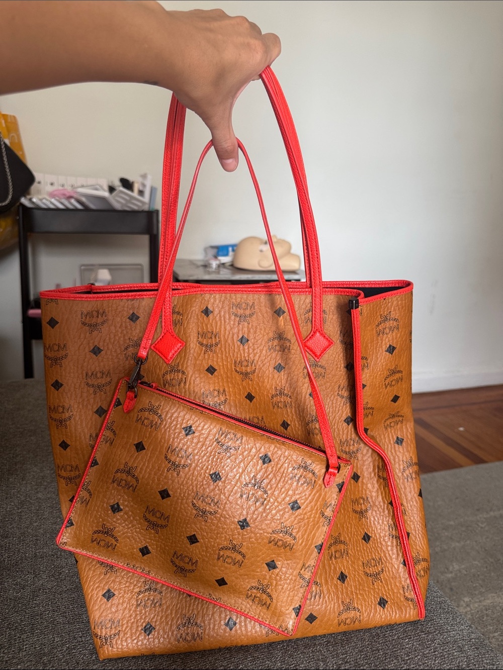 MCM Cognac Visetos Tote with Bright Red Trim and Pouch